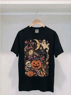 Vintage Halloween Graphic T-Shirt Retro Witch Black Cat Pumpkin Ghost Black Tee